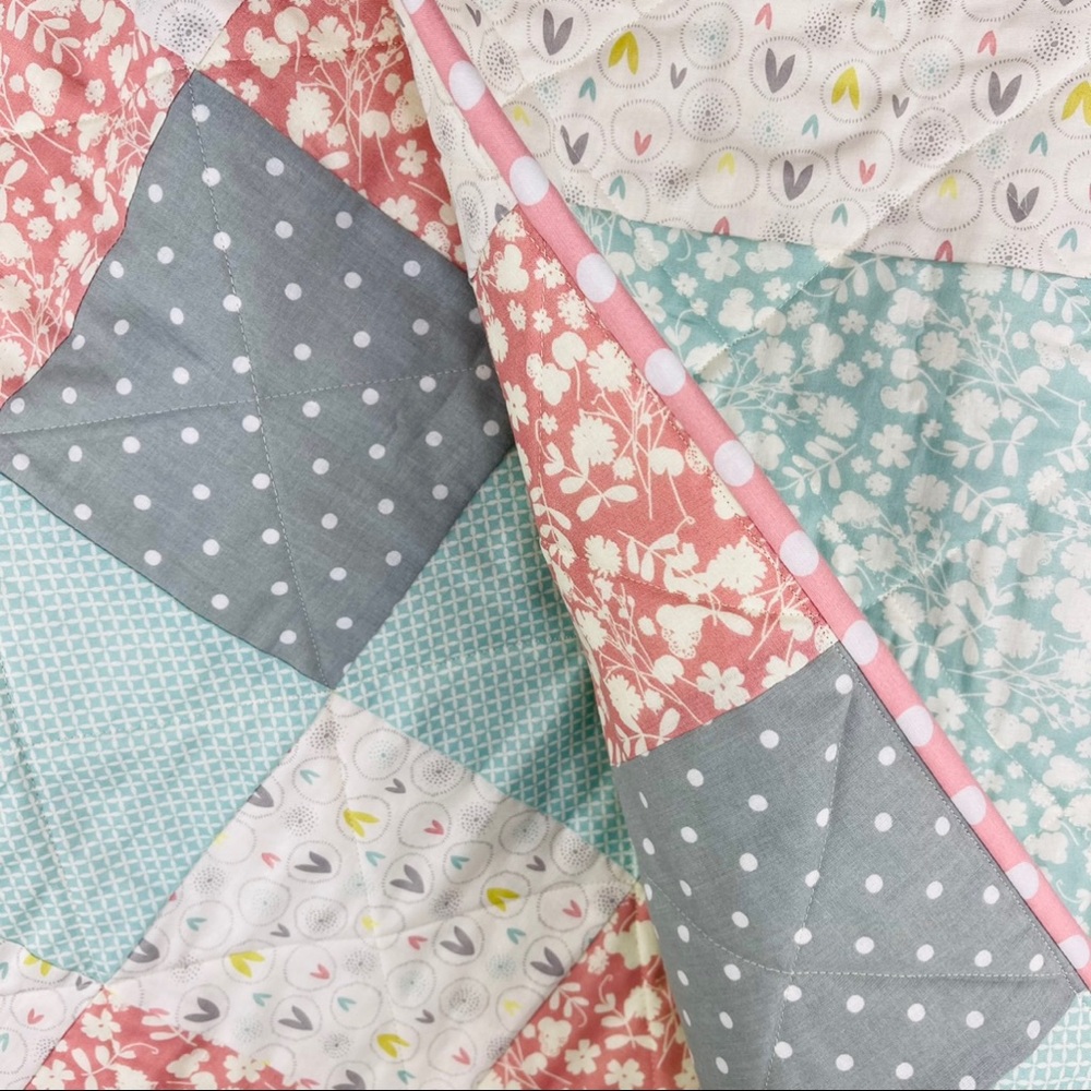 Handmade Easter / Spring Quilt Dusty Rose Blue Polka Dot Nursery Baby Bedding